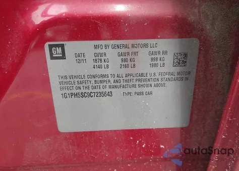 2012 Chevrolet Cruze Ltz z USA, uszkodzony, nr VIN 1G1PH5SC9C7235643